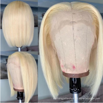 top quality  Short Straight Blonde 4x4 Closure Lace Front Wigs For Black Women 613 Cuticle Aligned Human Hair Wig 613 BOb Wigs